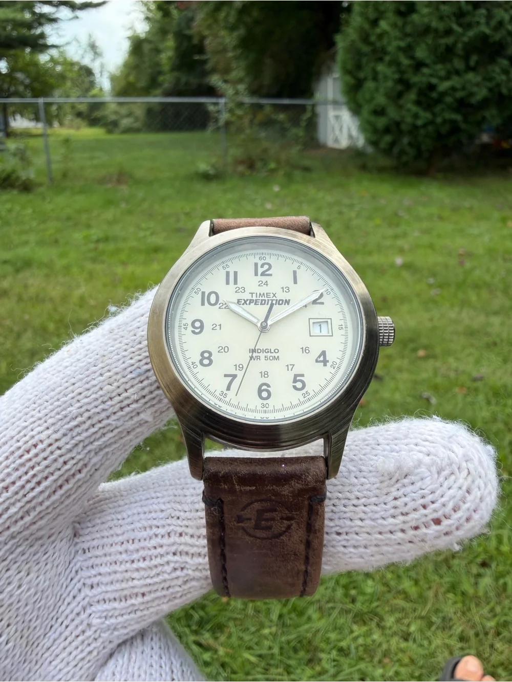Timex Expedition Scout 905 Watch 149870 CR2016 Battery Cream Dial Brown Leather